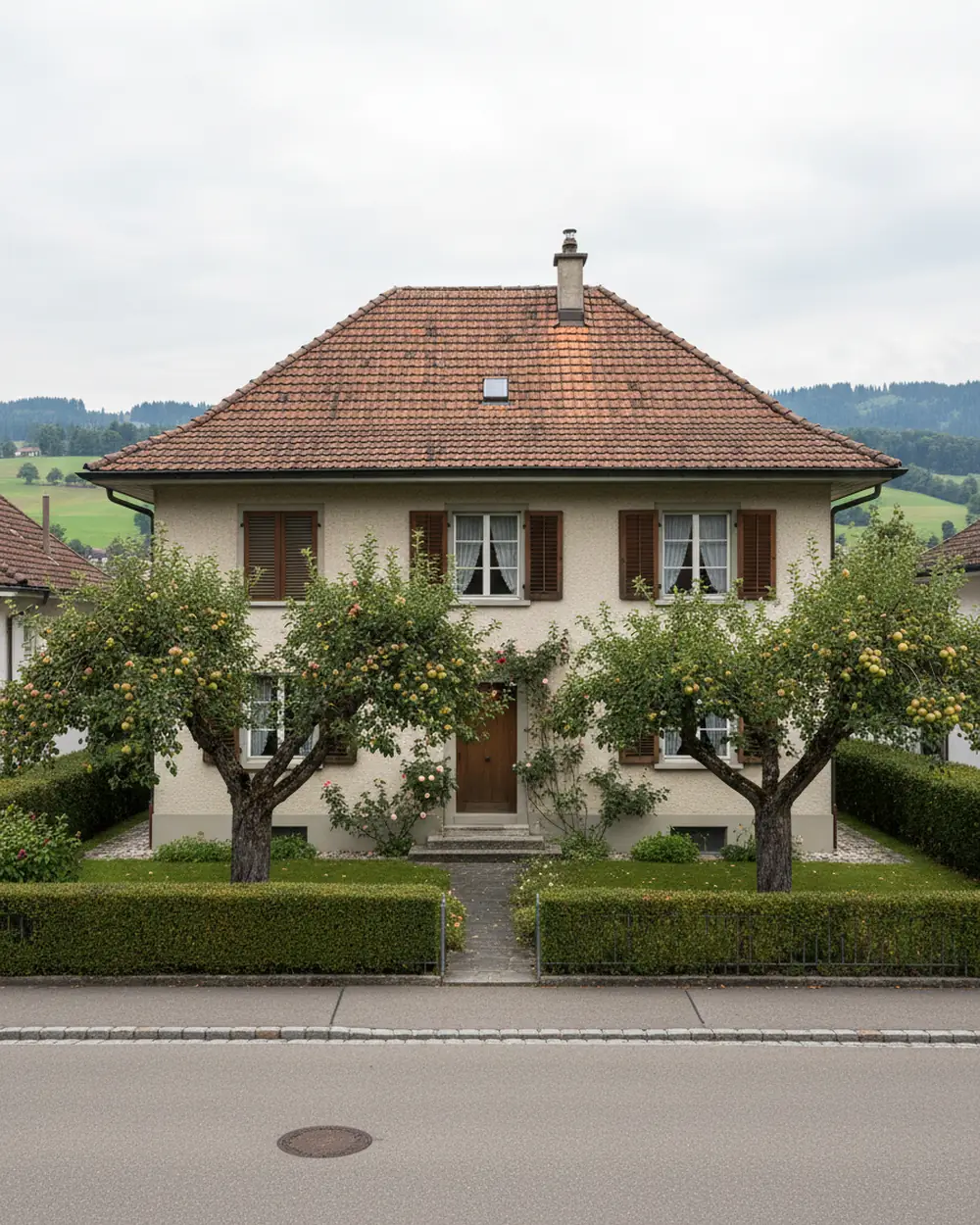 Freistehendes Einfamilienhaus mit Apfelbäumen im Vorgarten in einer Thurgauer Gemeinde