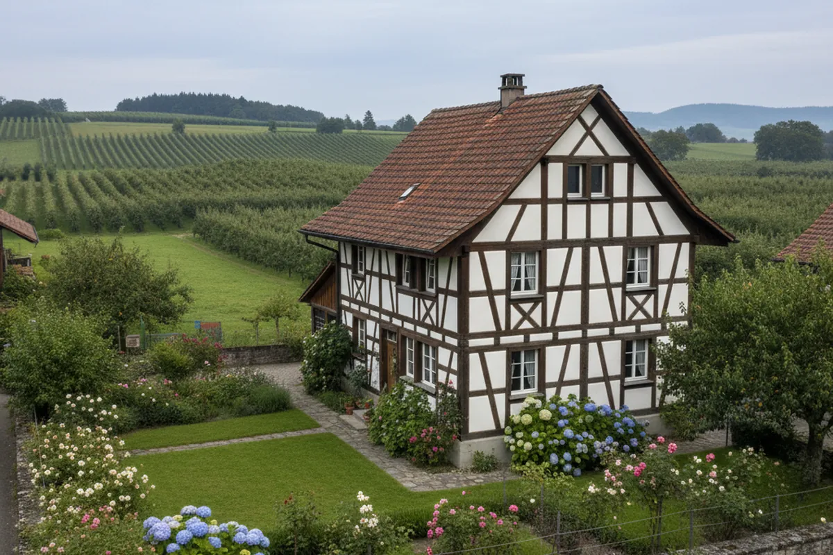 Riegelhaus mit gepflegtem Garten in einem Thurgauer Dorf, dahinter Obstbäume und sanfte Hügel.