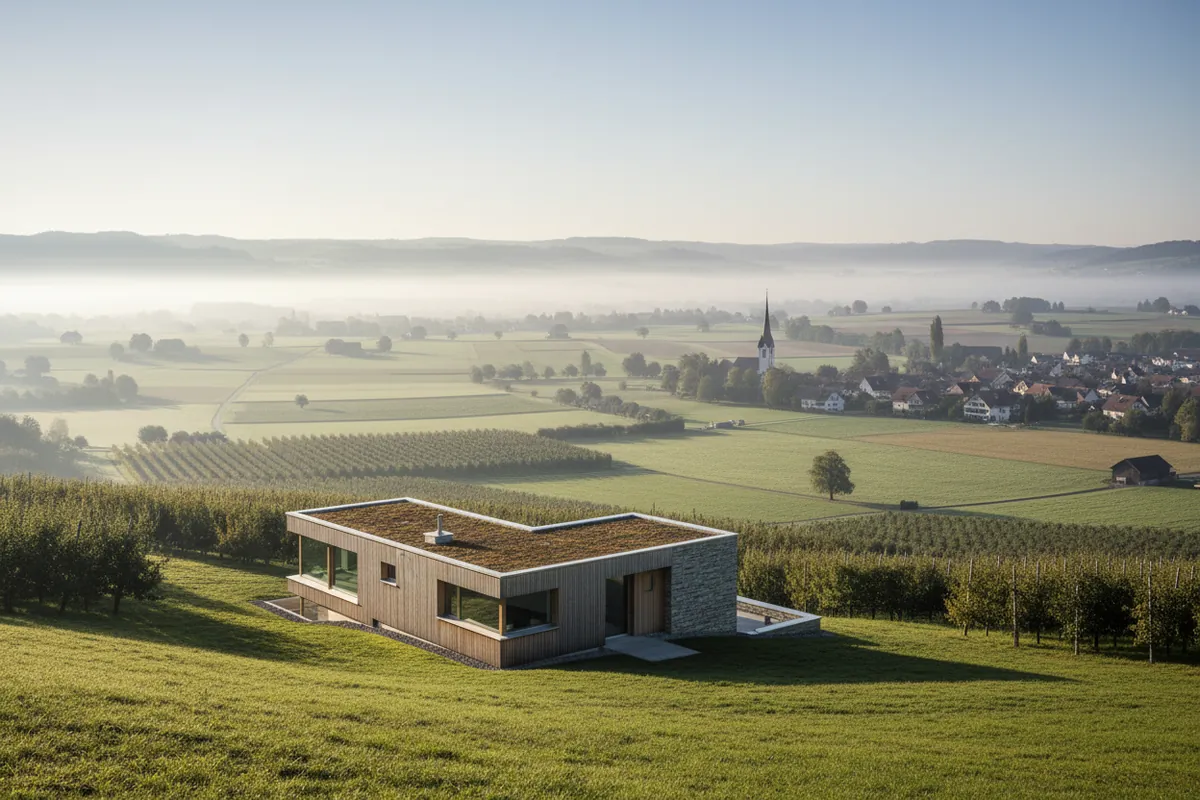 Einfamilienhaus am Hang mit Blick über Obstgärten und ein Thurgauer Dorf