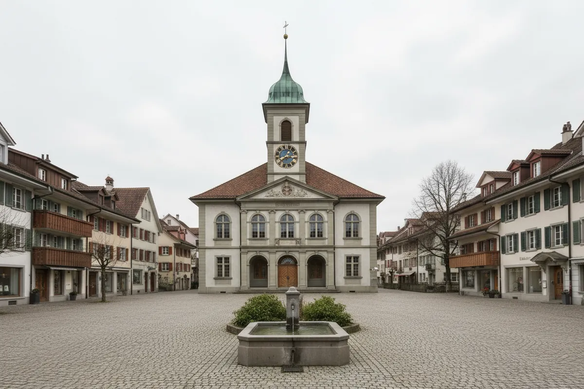 Rathaus mit Uhrturm und Brunnen in einer Thurgauer Kleinstadt