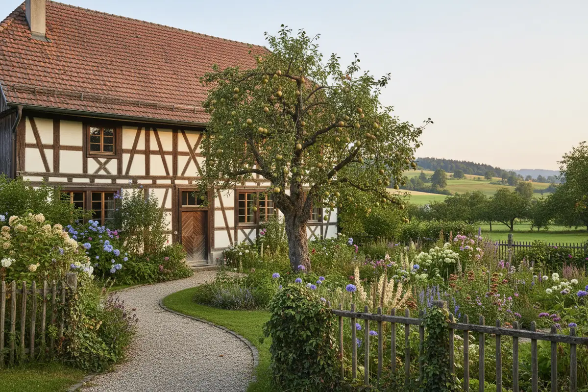 Thurgauer Riegelhaus mit altem Garten und Birnbaum im Spätsommer