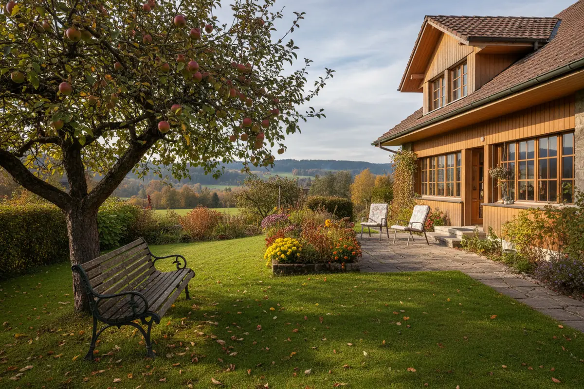 Gartenbank unter einem Apfelbaum vor einem Einfamilienhaus im Herbstlicht