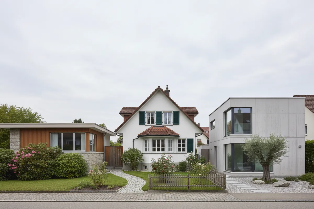 Strasse mit Einfamilienhäusern aus verschiedenen Jahrzehnten in einer Thurgauer Gemeinde