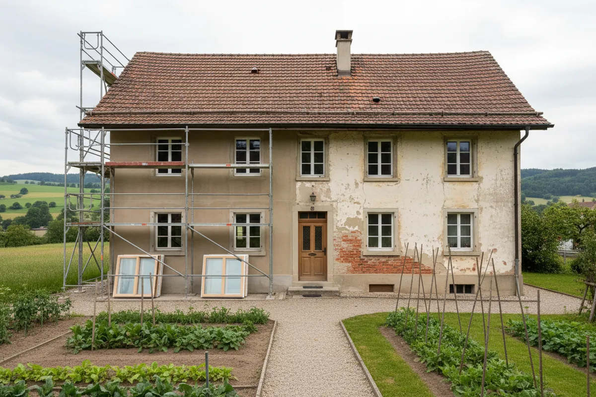 Älteres Einfamilienhaus mit Gerüst an einer Fassadenseite während der Renovation