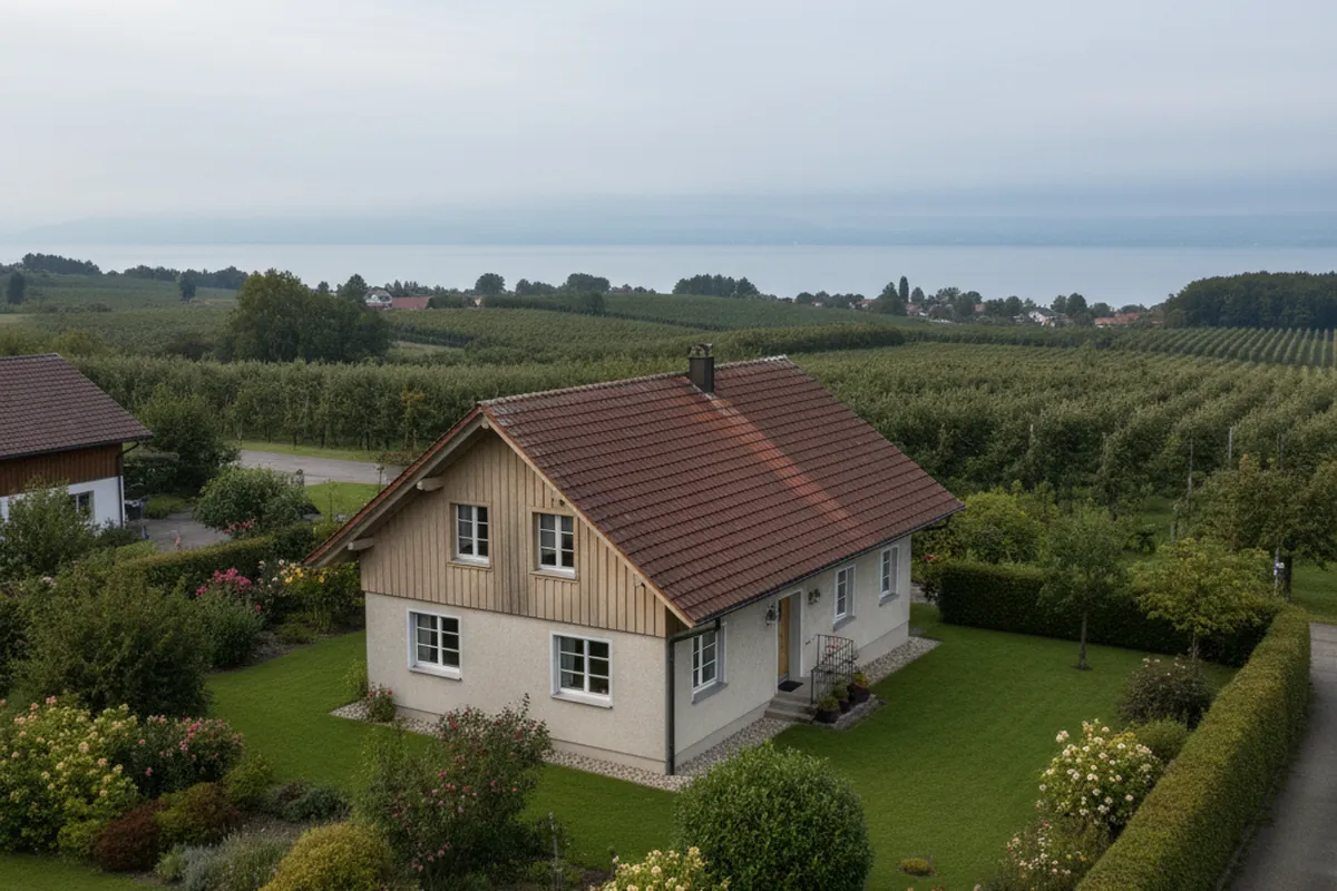 Einfamilienhaus mit Garten in einem Thurgauer Dorf, im Hintergrund Obstbäume und der Bodensee.